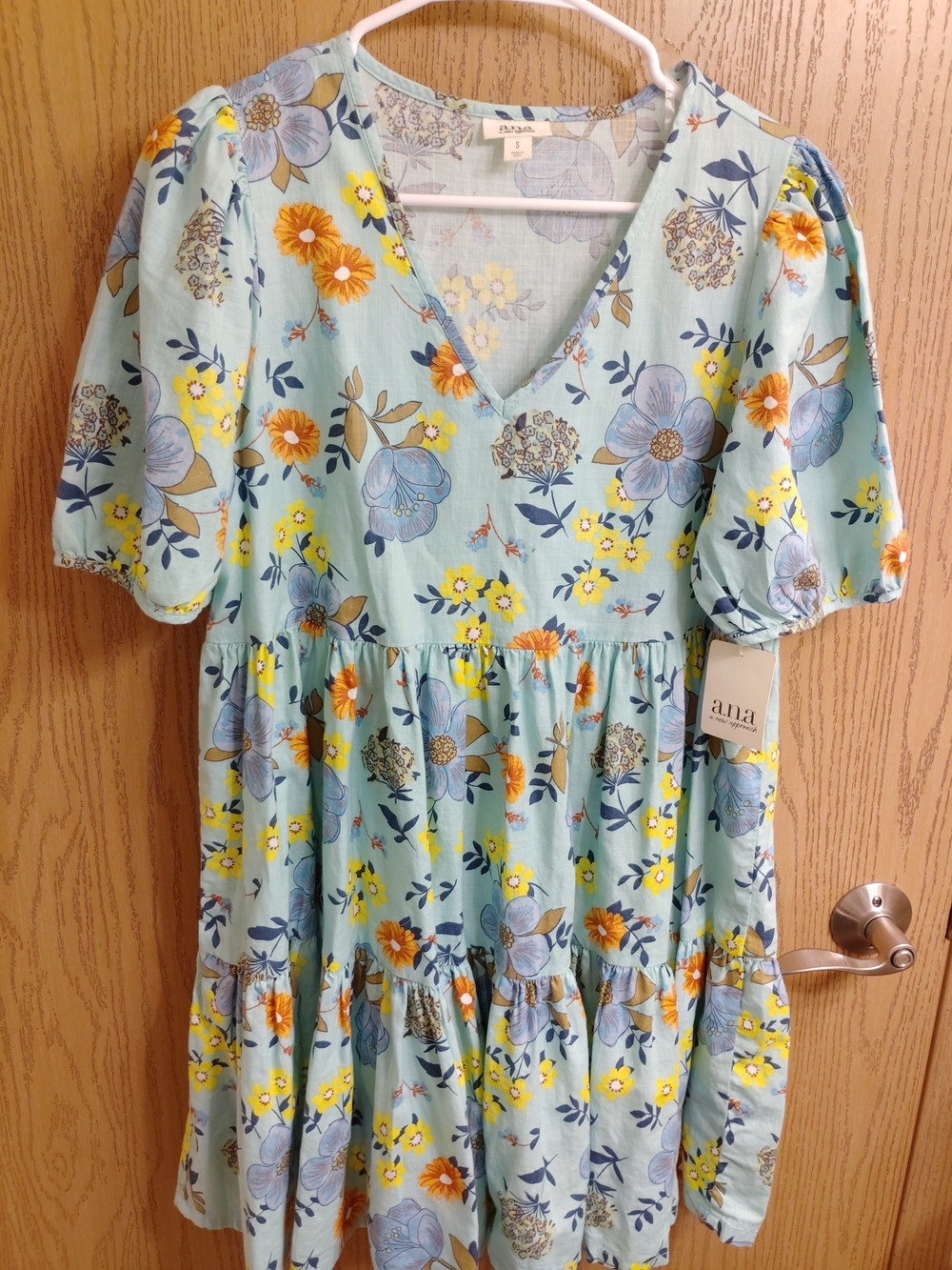 a.n.a Mint Floral V-Neck Tiered Puff Sleeve Dress